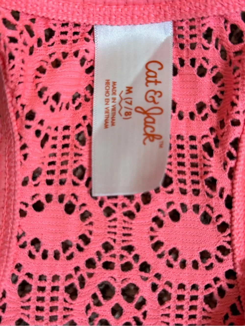 Cat & Jack Girls M 7/8 Coral Pink Bikini Swimsuit & Crochet Cover Up 3 Pc Set